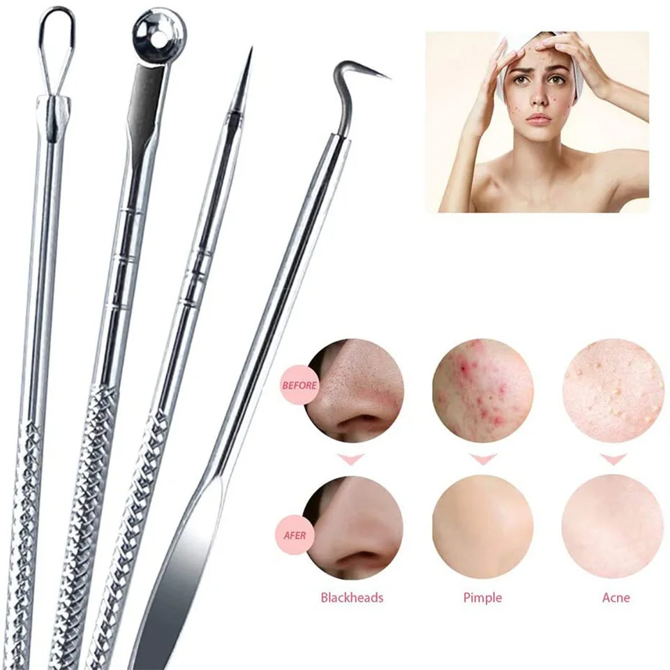 100Sets 4Pcs/Set Blackhead Acne Remover Set Beauty Skin Care Pore Cleaner Acne Needle Pimple Stainless Steel Pimple Needles Tool