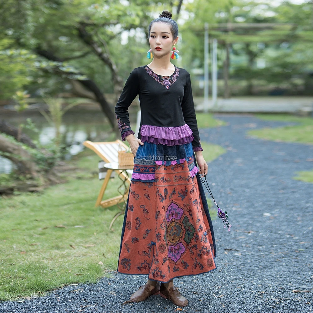 2025 new chinese ethnic style improved casual women embroidery patchwork color contrast skirt a-line high-waist long skirt t001