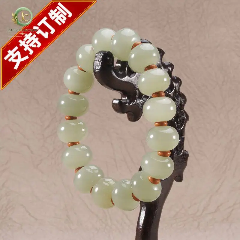 Qingshui Hetian jade abacus bead bracelet, natural jade bracelet, lake water green Hetian jade bracelet, beaded with beads, real