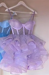 Robe de cocktail dos nu sexy avec bretelles, tissu brillant, zones violettes simples, robe de cocktail, mini robe populaire, indépendant