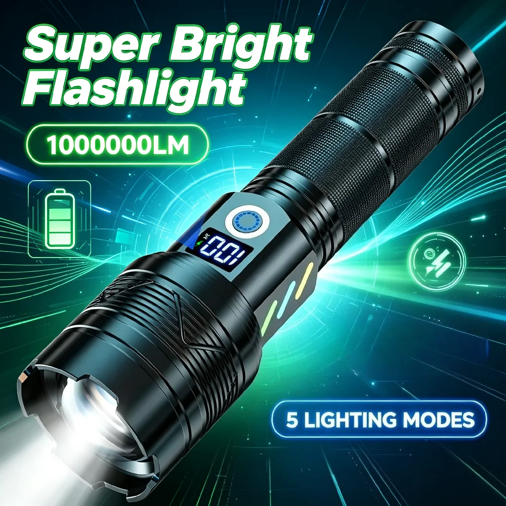 Super Bright Zoom Flashlight USB Rechargeable Torch with Digital Power Display for Outdoor Working Night Lighting