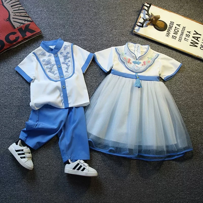 Children's Tang Suit Chinese Style Hanfu Spring Summer Cotton Thin Chinese Suit Costumes School Kids Uniform Top Skirt Short