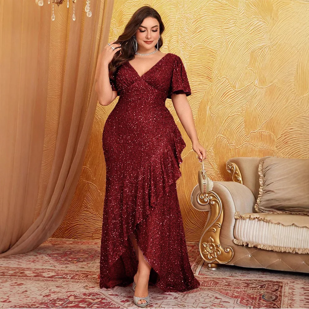 Abito lungo da sera/matrimonio a sirena con paillettes rosa cipria taglie forti da donna, scollo a V profondo, maniche corte a volant, orlo asimmetrico