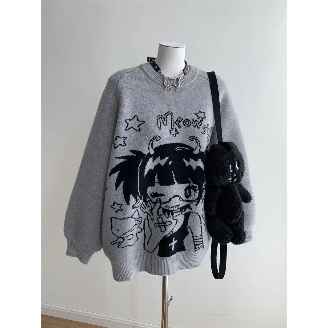 Sweet Cute Manga Face Graffiti Anime Girl Sweater Gray Loose Baggy Grunge Tops Harajuku Japanese Autumn Winter Pullover Jumper