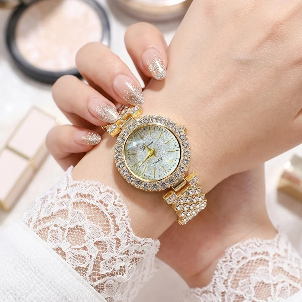 4Pcs/Set Unisex Jewelry Watches Women's Wristwatch Accessories Gold Trendy Fashion Elegant Classic Exquisite Light Luxury Rhinestone Luxury Quartz Watch Set Y2K Suitable for Daily Outfits Perfect Holiday Gift