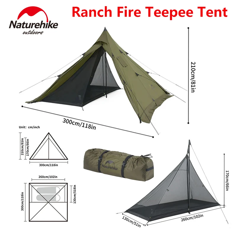 Naturehike Ranch Fire Teepee Hot Tent 4 Season With Chimney Hole for 4 People 210T Rainproof Camping Outdoor Travel Pyramid Tent