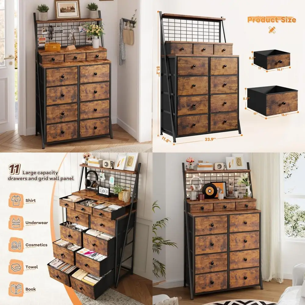 Cômoda de 51 polegadas com iluminação LED com 11 gavetas, painéis de grade de arame e prateleiras abertas para quarto, entrada, dormitório e estilo rústico