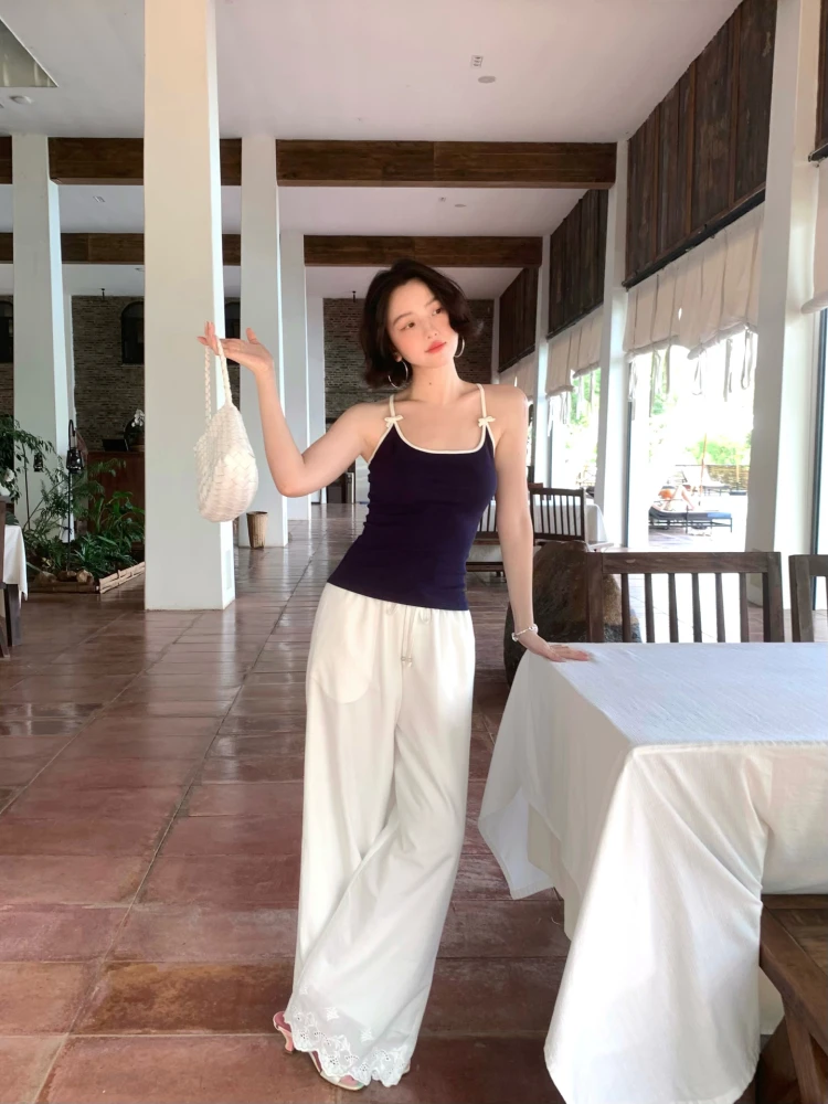 

Retro High Waist Wide Leg Pants Cotton Lace Trim Casual Thin Women's Pants Summer Bight Style Commute Straight Tube Trousers