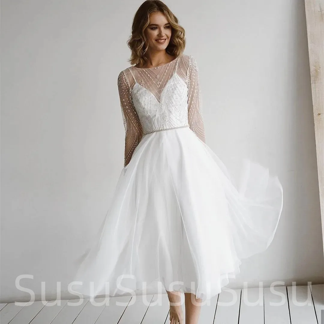 

Elegant Short Wedding Dress 2023 Long Sleeves Beading Sashes Backless Appliques Party Gown Robe De Mariee Mid Calf A Line 2023