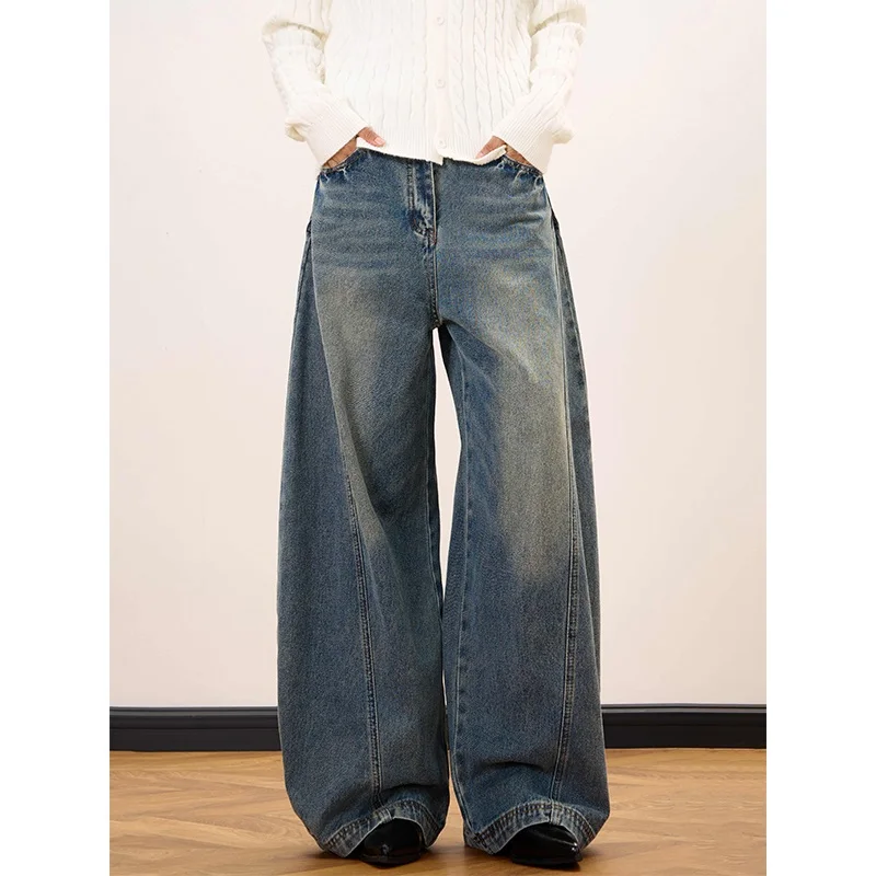 

American Retro Deconstructed Wide Leg Knife Workwear Jeans Men High Street Loose Straight Washed Banana Long Trousers