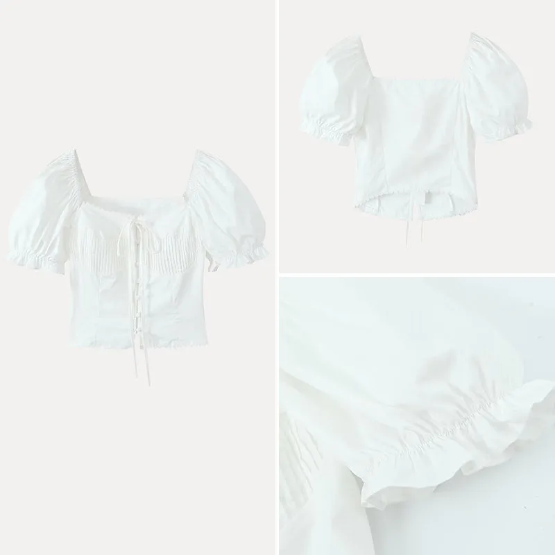 

Spring 2025 Women's irt Pleated Bubble Sve Square Collar Tied Waist Hem Flounce Casual Faion Polyester Fiber 00%