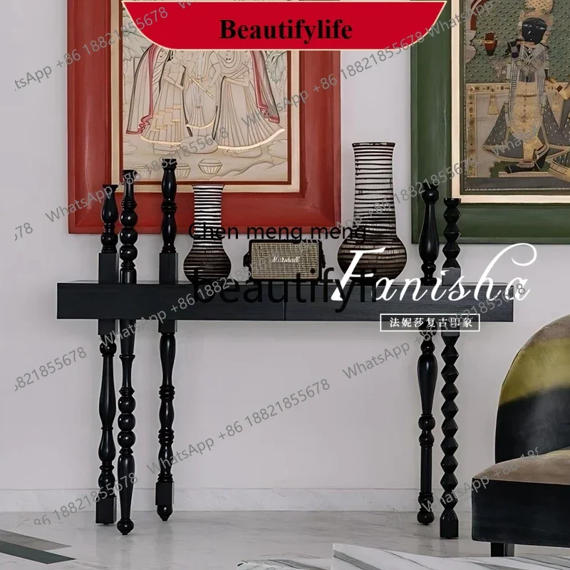 

D178 French retro solid wood entrance table, wall decoration table aisle American black entrance table
