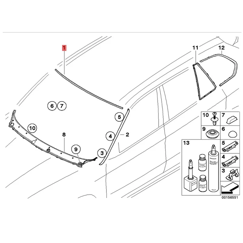 

51317157681 Front Upper Windshield Molding Trim Seal Replacement For 2007-2013 BMW X5, E70 Sport Utility Vehicle