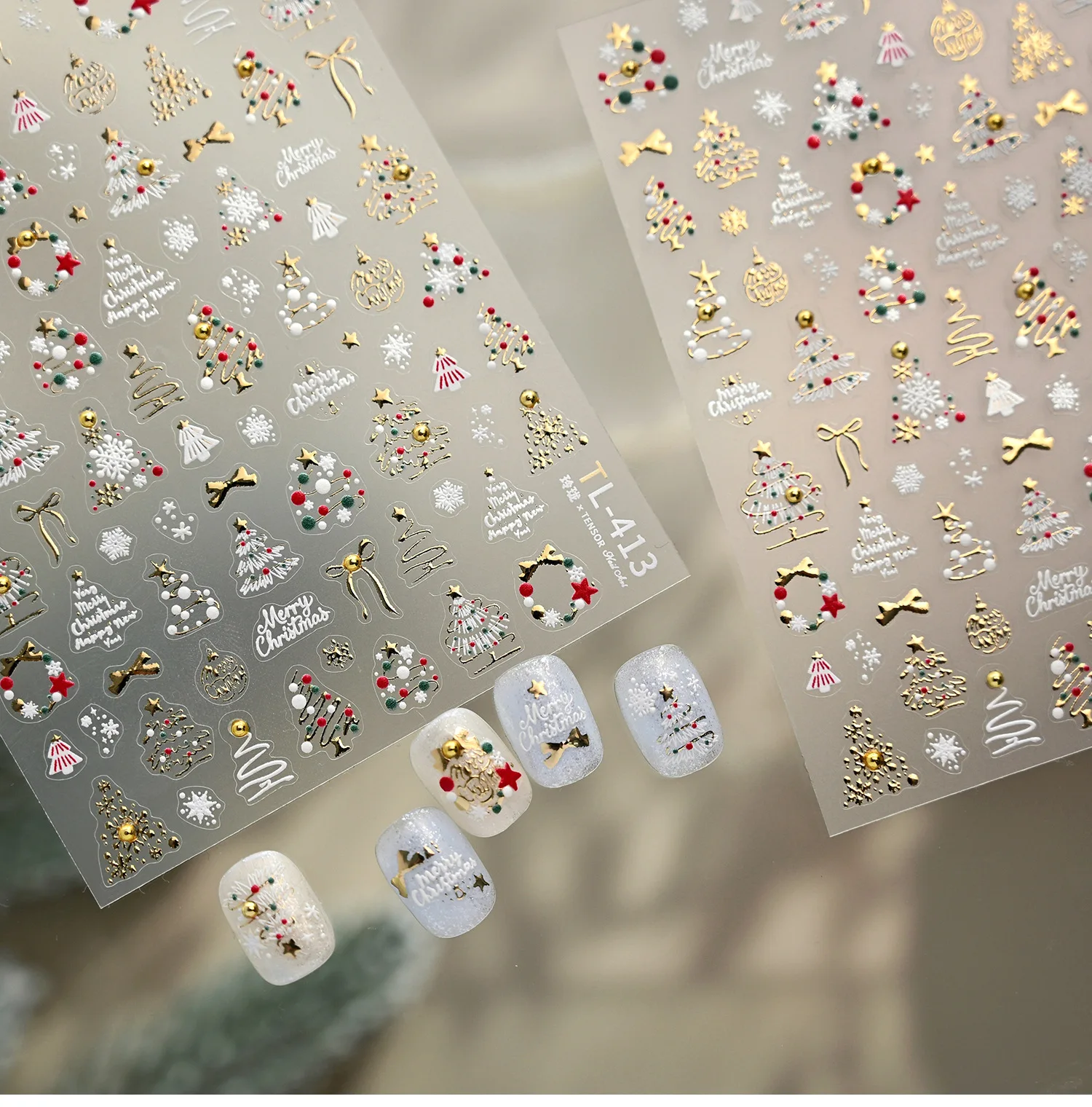 Simplicidad oro árbol de Navidad delicado Bowknot guirnaldas copos de nieve bola de Color muñeco de nieve Santa Claus invierno Nail Art pegatina calcomanía