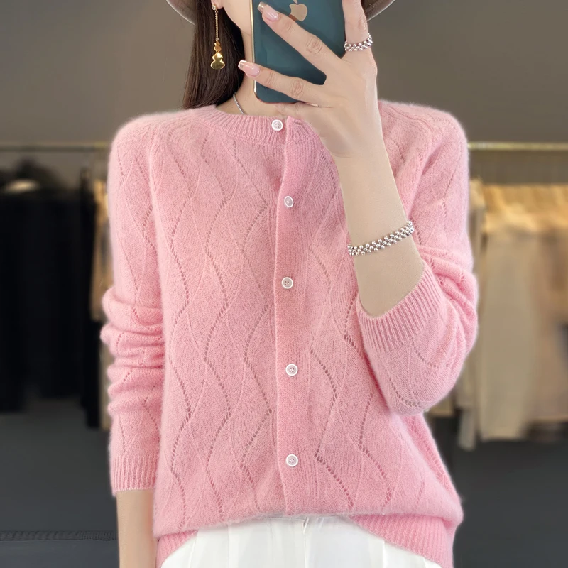 

DjzDsm 100% Pure Wool Sweater Autumn Winter New Hollow Women's Fashion Cardigan Round Neck Casual Knitted Sweater Coat Top