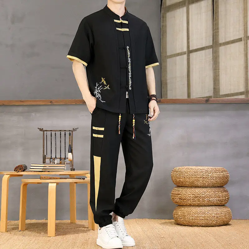 

New Chinese Style Loose Casual Short Sleeve Shirt Men's Summer Fashion Two-Piece Set with Long Pants Traditional Tang Costume