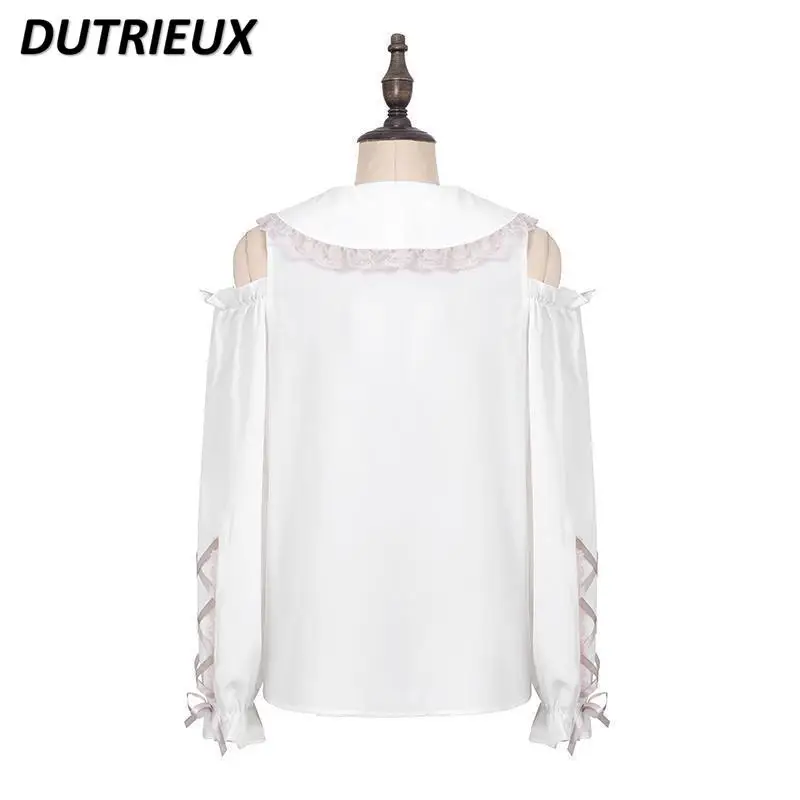 Mine Japanese Shirt Women Lolita Cute Casual Summer New Sailor Collar Lace Ruffled Doll Collar Long Sleeve Blouse Women Tops