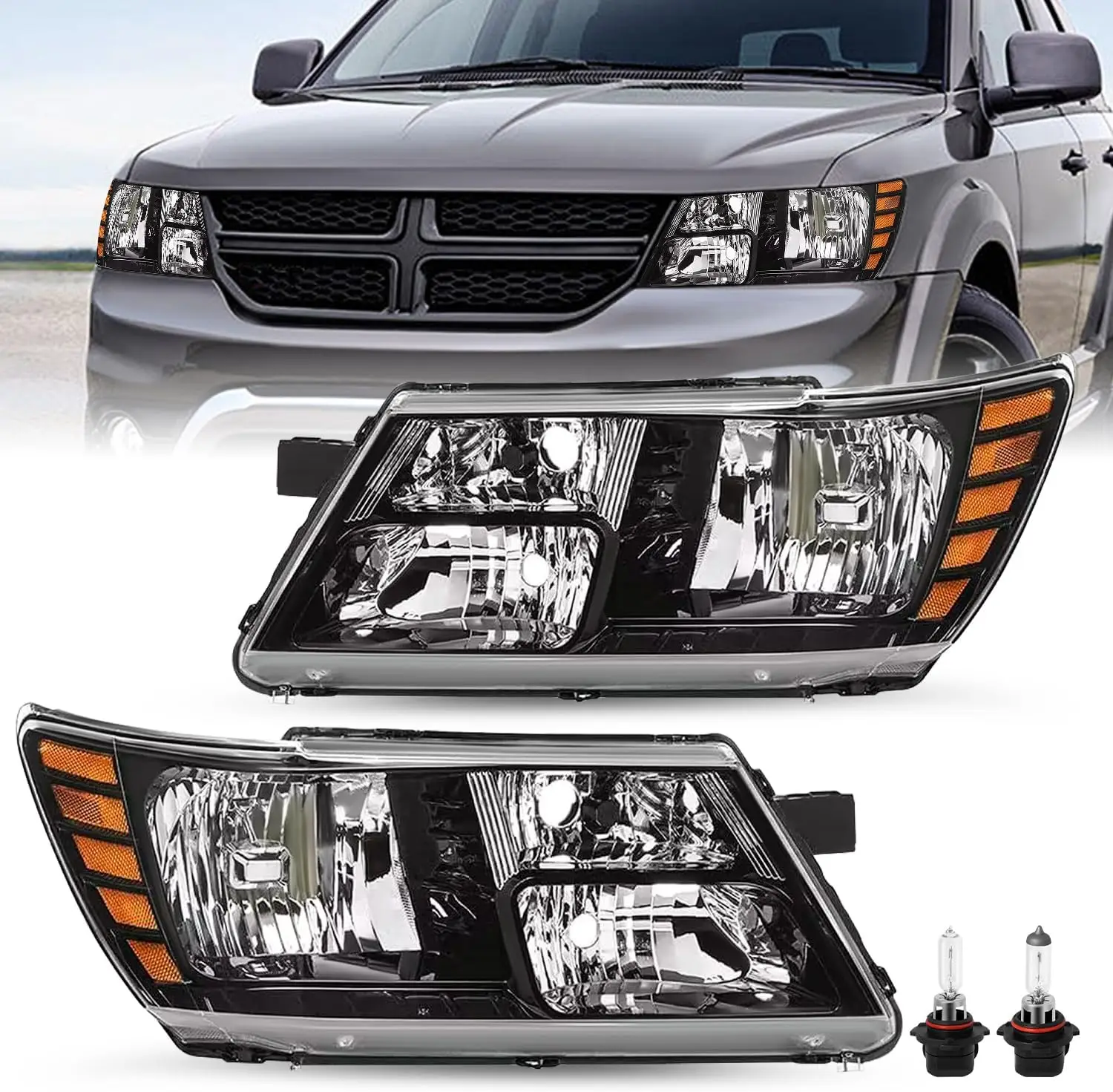 

Подходит для фар Dodge Journey 09-20 в сборе, сменная галогенная фара OE с лампами со стороны водителя и пассажира (левый + правый)