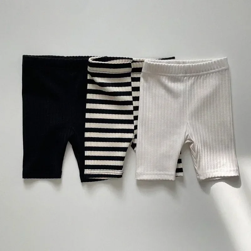 Spring Autumn Girls Middle Pants 0-6 Year Cotton Striped Children's Shorts Solid Color Casual Baby High Elastic Pants
