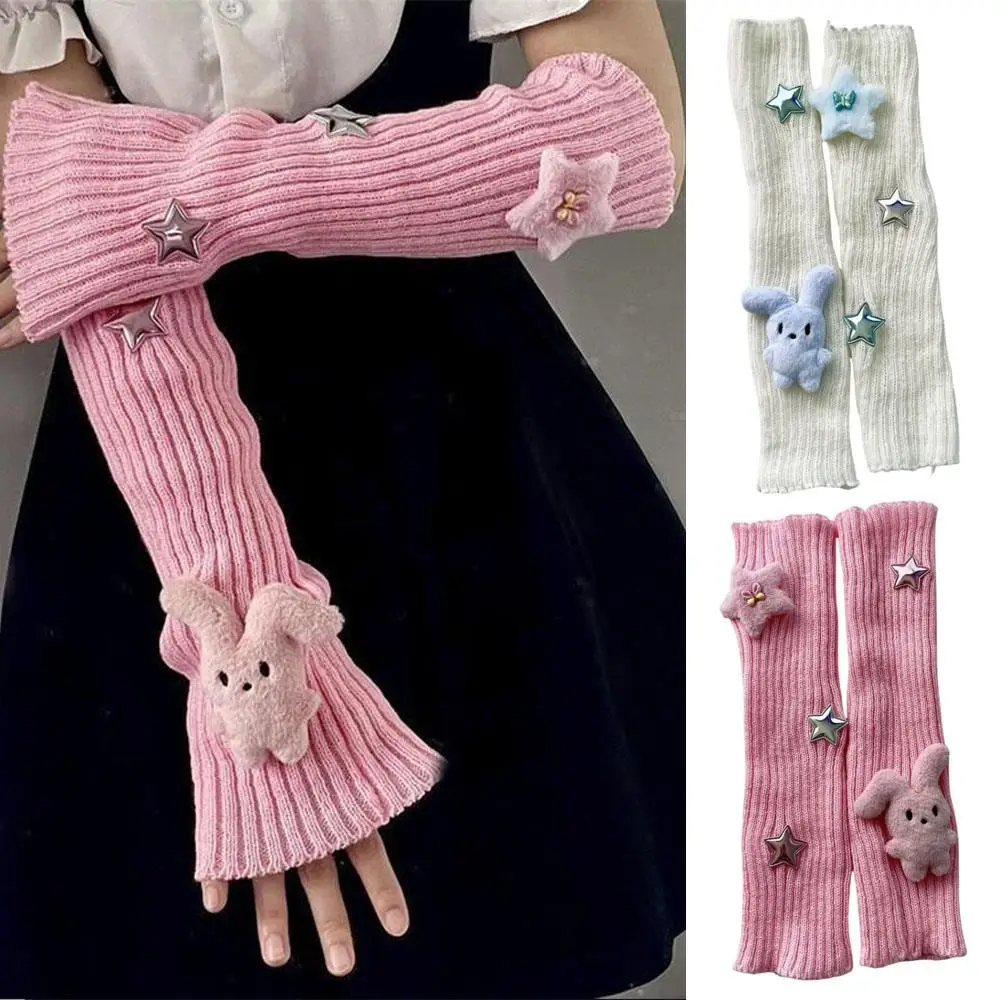 Manicotti in maglia Scaldamuscoli caldi lavorati a maglia Y2k Kawaii Star Sleeve Cover Coprigambe caldo Guanti senza dita per regali per ragazze