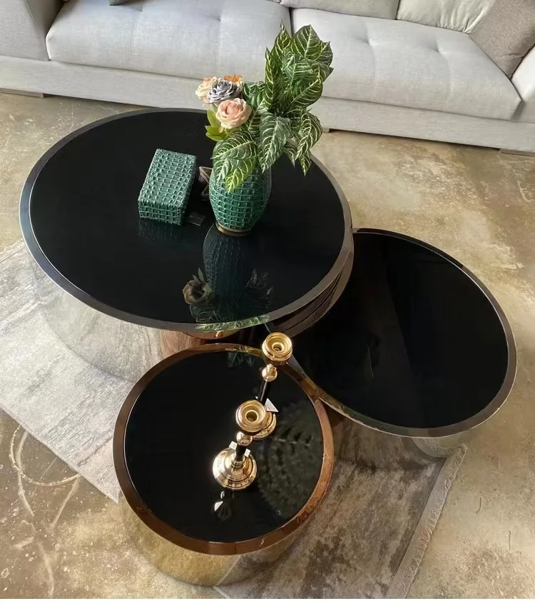 طاولة القهوة الفاخرة 3 في 1 للمزرعة، قاعدة من الفولاذ المقاوم للصدأ، مجموعة علوية زجاجية للمنزل، أثاث غرفة المعيشة، وصول جديد