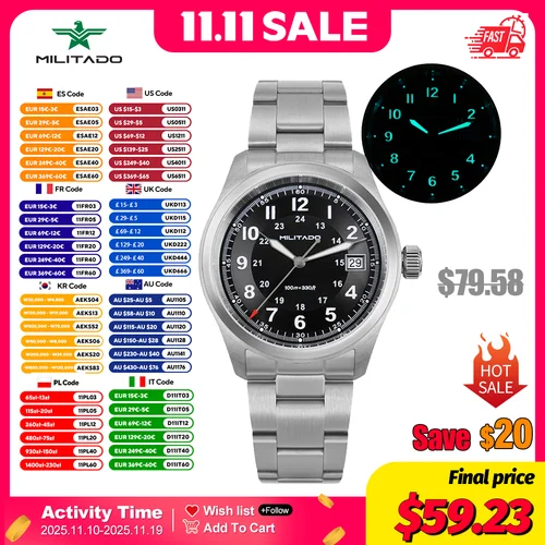 Imagen 2 del producto Reloj de cuarzo Militado ML08 Ronda 515, reloj de pulsera de zafiro con cúpula BGW9 luminoso, 10bar, resistente al agua, relojes Vintage de 38mm