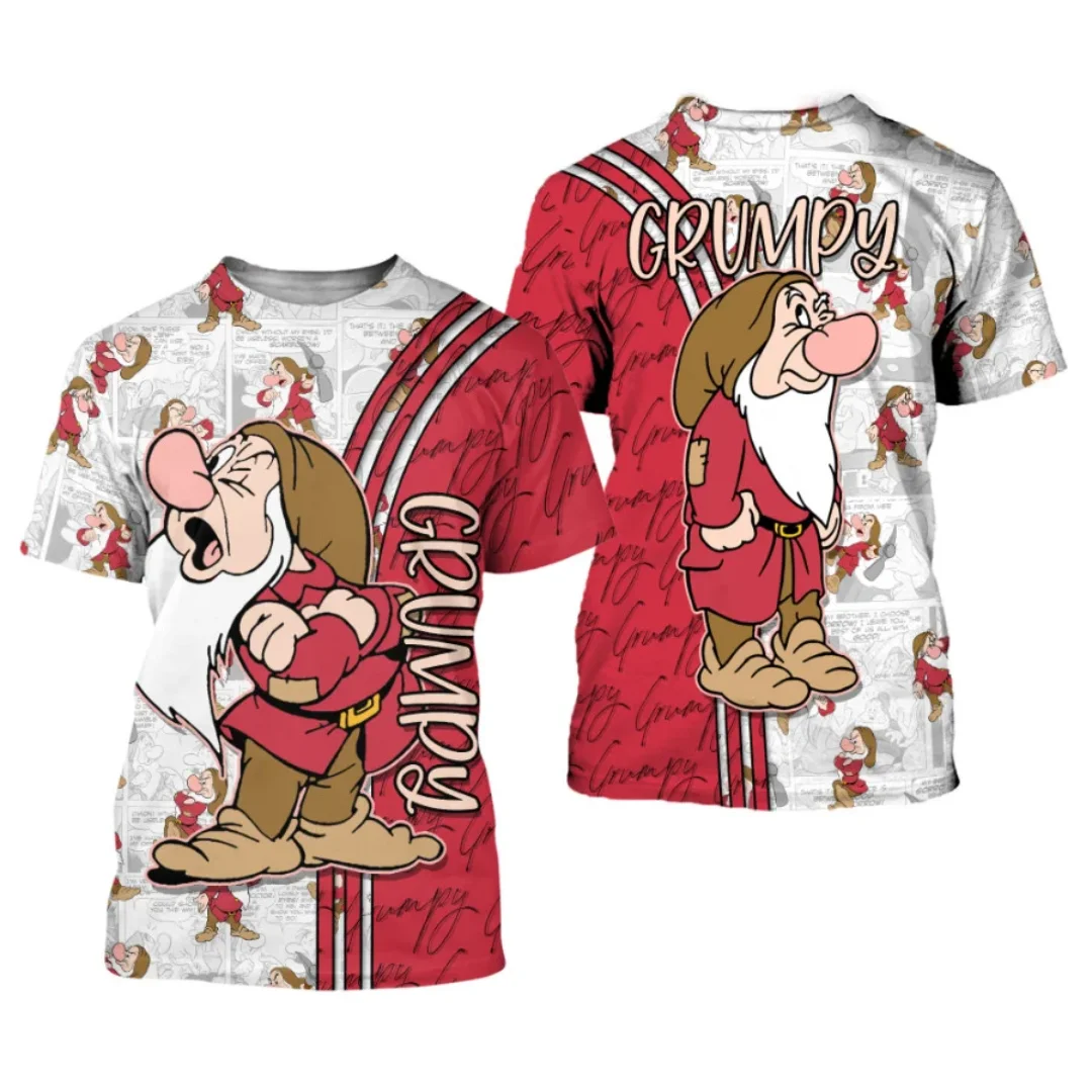 2024 Summer New Disney 3D Print T-shirt Grumpy Dwarf Red Button Overall Patterns Short Sleeves Disney Cartoon 3D T-Shirt Unisex