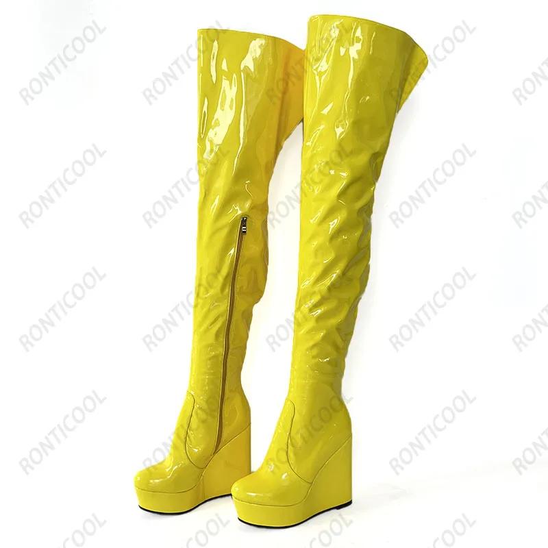 Ronticool Handmade Women Winter Platform Thigh Boots Patent Wedges Heel Round Toe 10 Colors Night Club Shoes Women Us Size 5-20