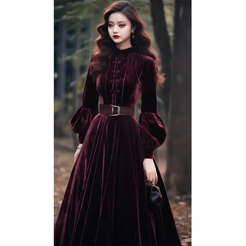 Autumn Women\'s Velvet Dress New Fashion Evening Party Long Dress Style Super Beautiful Purple Red Velvet Dresses Vestidos A256