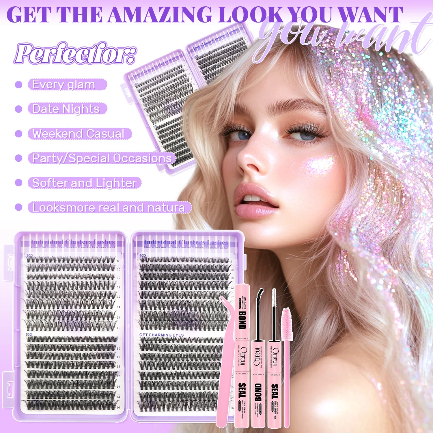 DIY Cluster-Wimpernverlängerungs-Set 30D 40D 50D Gemischte Längen 8-16mm Einzelwimpern mit Kleber, Versiegelung, Pinzette und Bürste – Detail 2