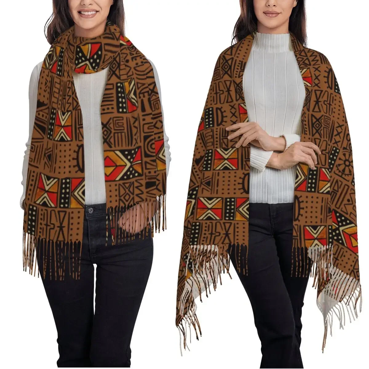 Customization African Bogolan Africa Ethnic Tribal Art Scarf Tassel Scarves Women Soft Warm Shawls And Wraps Large Fall Winter
