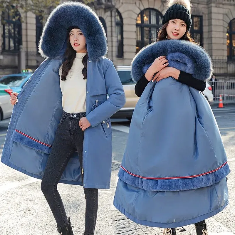Winter Women\'s Parka Big Fur Collar Detachable Double Thick Lining Slim Waist 2022 New Jacket Mid long Casual Cotton Padded Coat