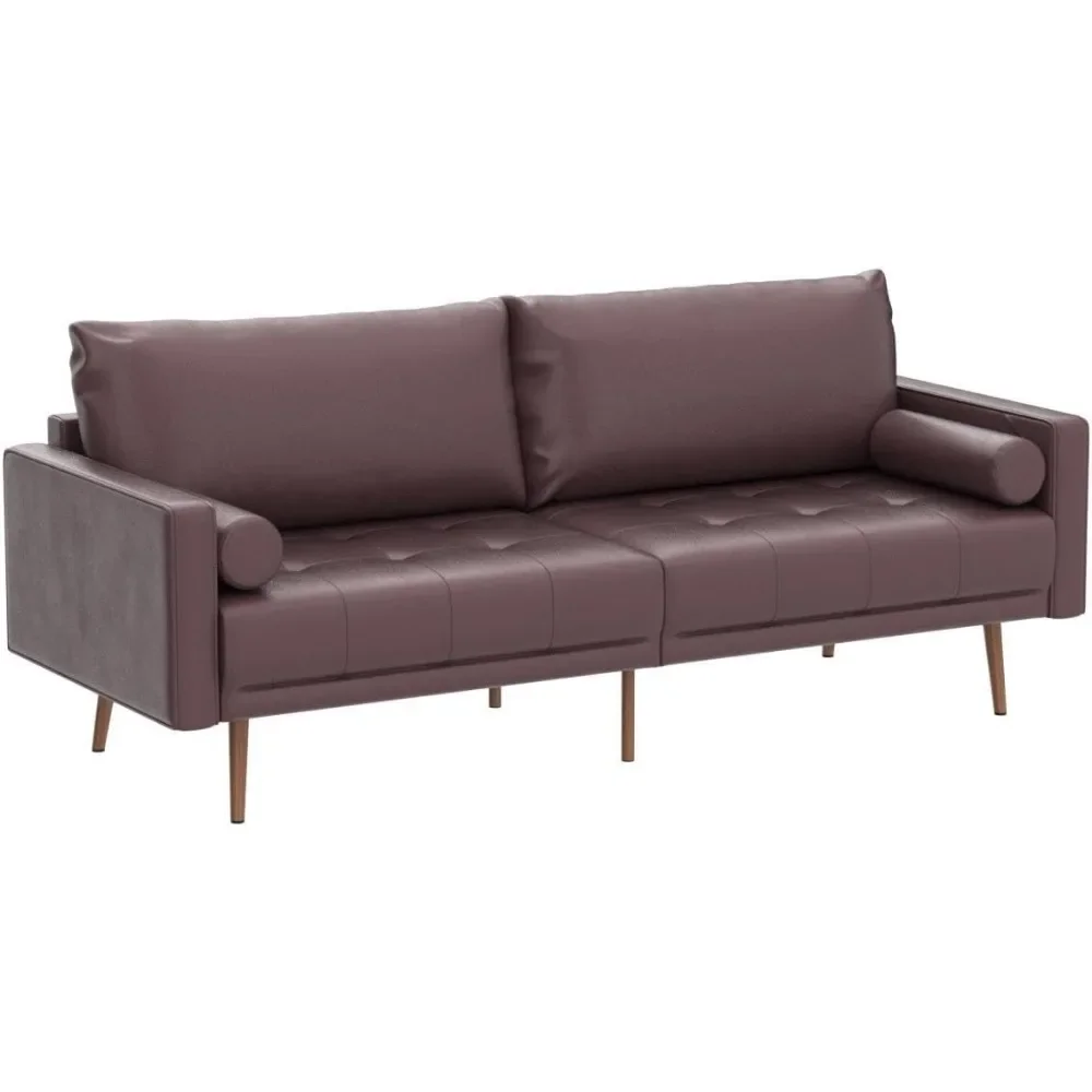 

Mid-Century 73 Inch 3 Seater Leather Couch With Wood Grain Metal Legs and Bolster Pillows for Living Room Sofy Do Salon Sofa