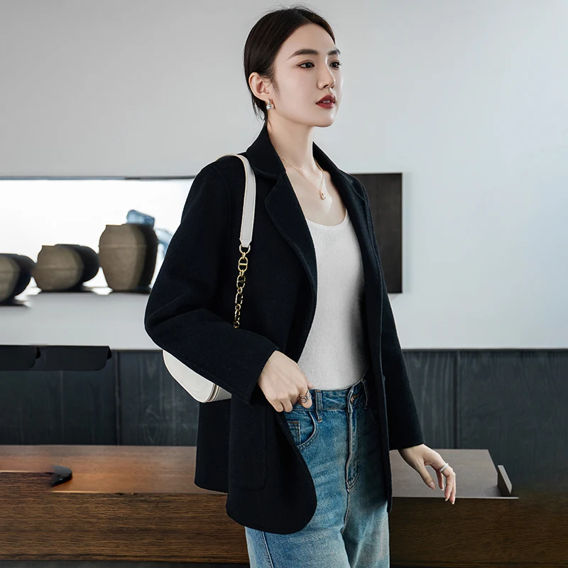 카이싱글 2025 수트 스타일 여성 코트 가을 겨울 신상 100% 순모 울 코트 편안하고 심플한 수트 여성복