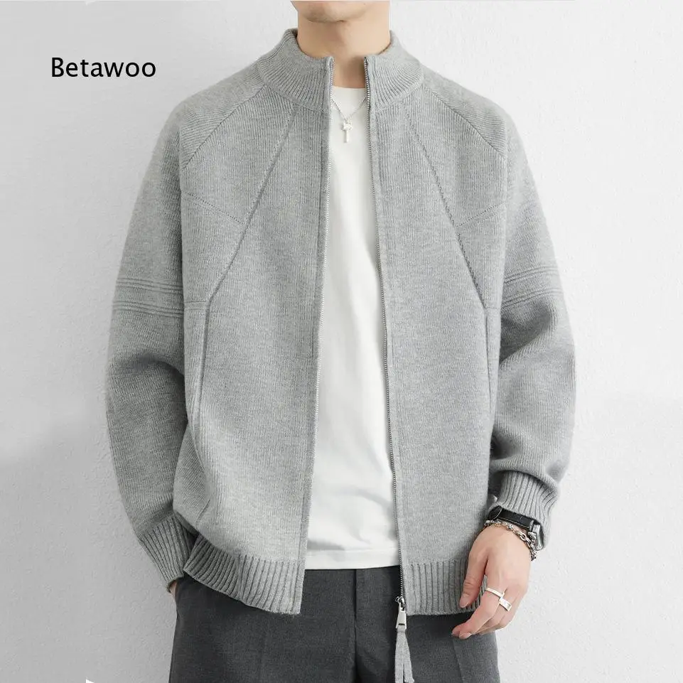Mens Solid Color Zip Up Cardigan Sweater Versatile Knitwear Autumn Winter Outerwear Stand Collar Jacket For Multiple Daily Matc