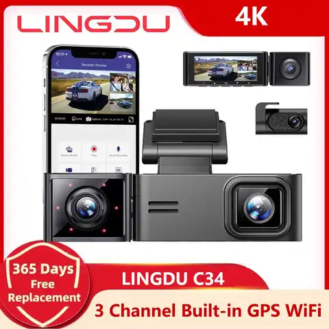 LINGDU C34 자동차 DVR 대시 캠, 4K 5.8Ghz WiFi 3 카메라, 전면 캐빈 및 후면 캠, GPS 야간 투시경, 24 시간 주차 모니터, WDR 야간 투시경