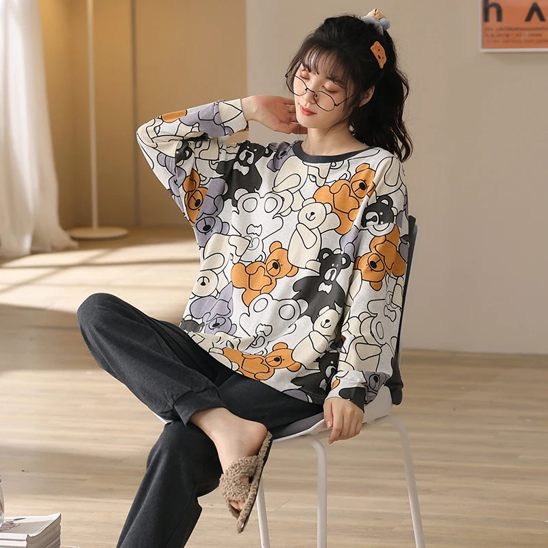 Autumn Women's Cotton Pajama Set Cute Cartoon Flower Women Pajamas Long Sleeve Round Neck Female Sleepwear Pyjamas Set