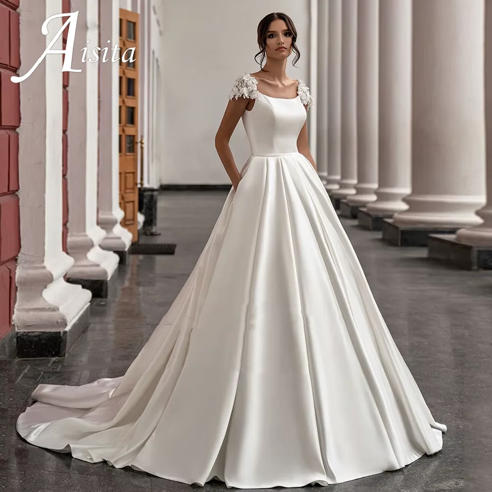 

White Satin Wedding Dress For Women Square Collar Cap Sleeves Scoop Neck Flowers A-Line Bridal Gown With Pockets Customized