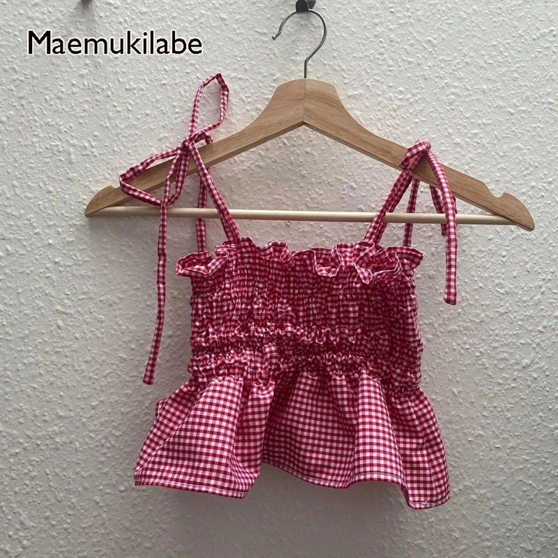 Maemukilabe Gingham Check Print Peplum Crop Top Retro Spaghetti Tie Straps Shirring Bust Camisole Cottage Y2K Vintage Tank Tops