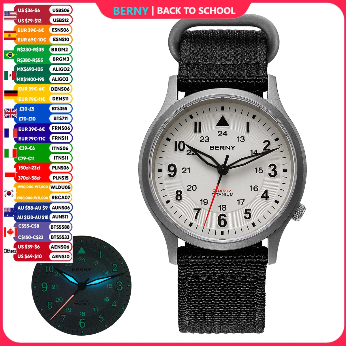 BERNY Titanuhren für Herren, klassische Herren-Felduhr, leicht ablesbare Outdoor-Quarz-Armbanduhr, superleuchtender Saphir, 5 ATM