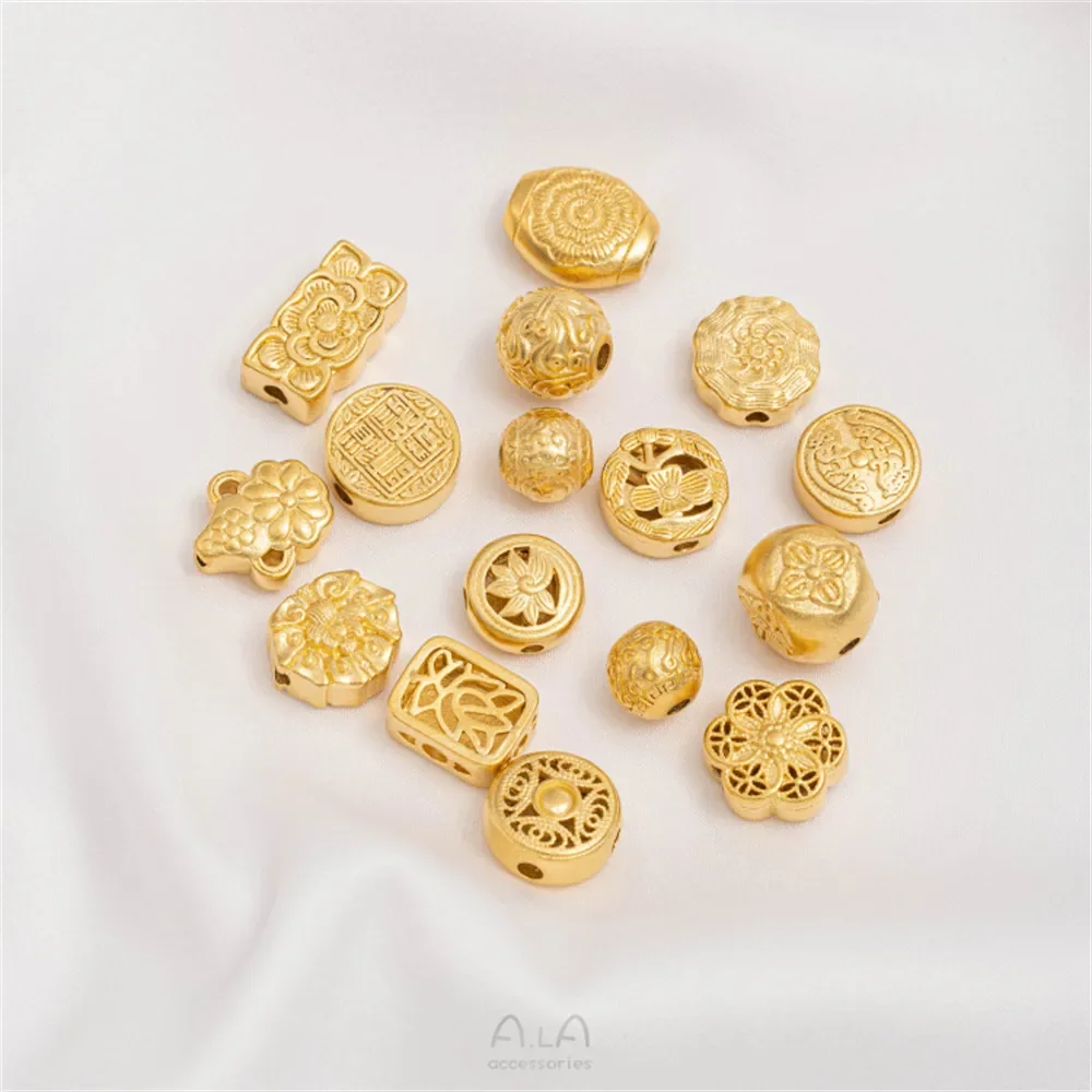 Gold Plated Patterned Round Bead, Lotus Flat Round Bead Peach Shape Bead DIY Braided Bracelet Accessories