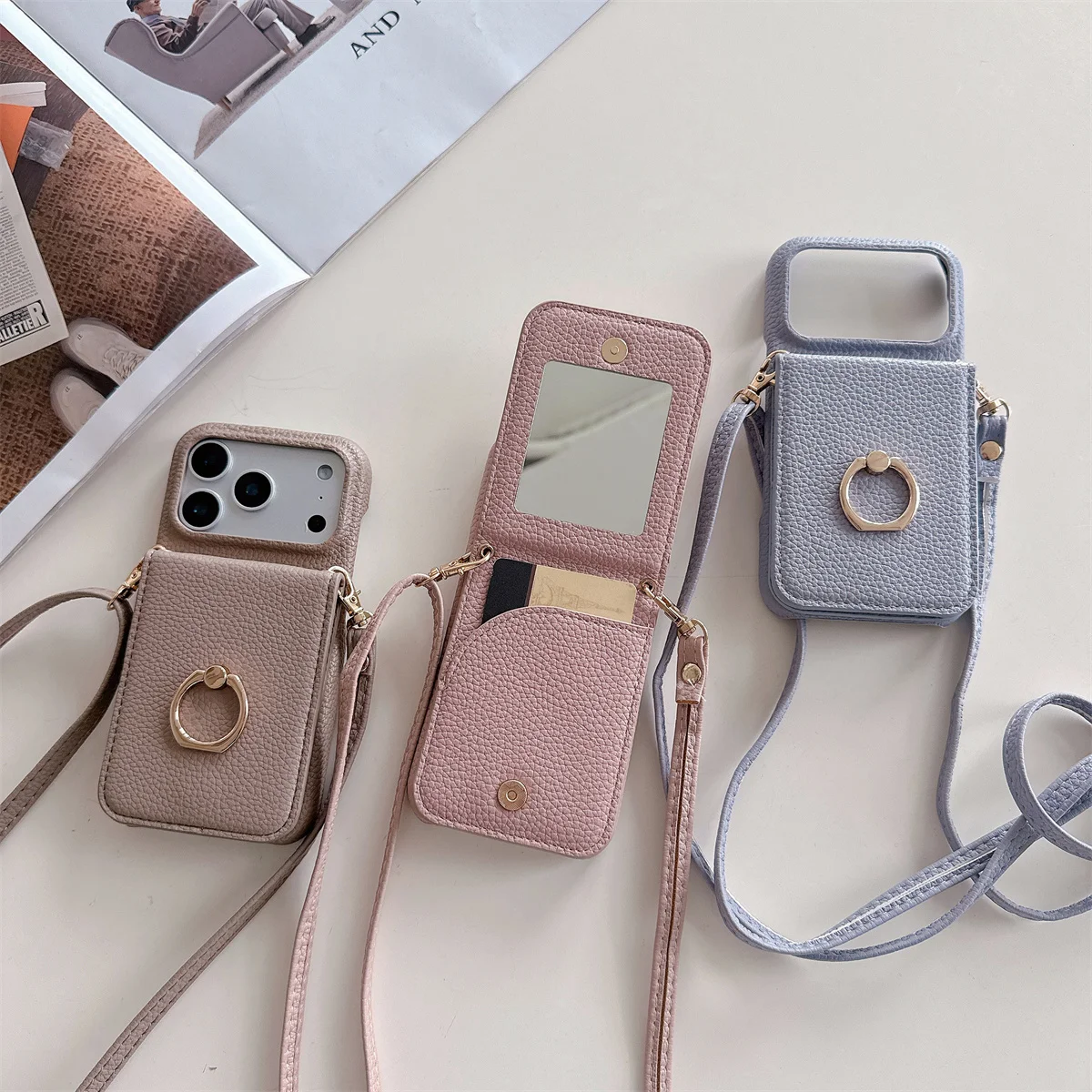 Lanière à bandoulière avec anneau porte-carte, étui portefeuille avec miroir de maquillage pour IPhone 17 Air 16E 15 14 Plus 13 12 11 Pro Max