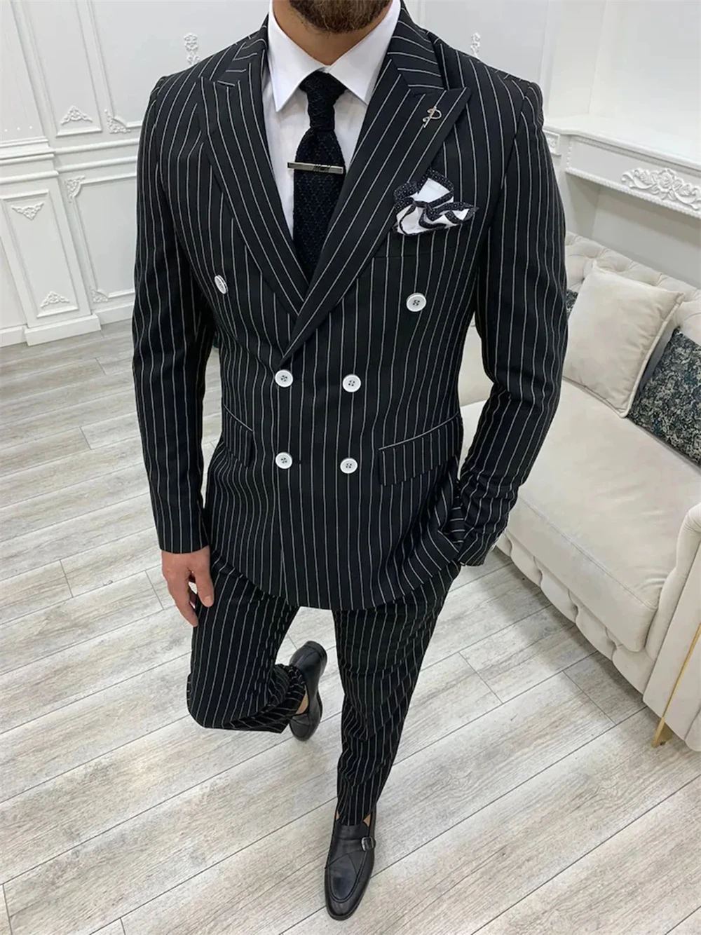 

Elegant Black Stripe Suits Two Pieces for Men Double Breasted Wedding Party Wear Suits Formal Events (Jacket+Pants)