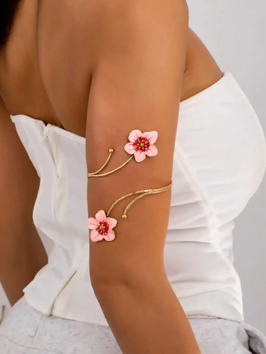 

Золотистая браслет-манжета из сплава с розовой эмалью и цветами вишни, регулируемое цветочное украшение для тела для женщин