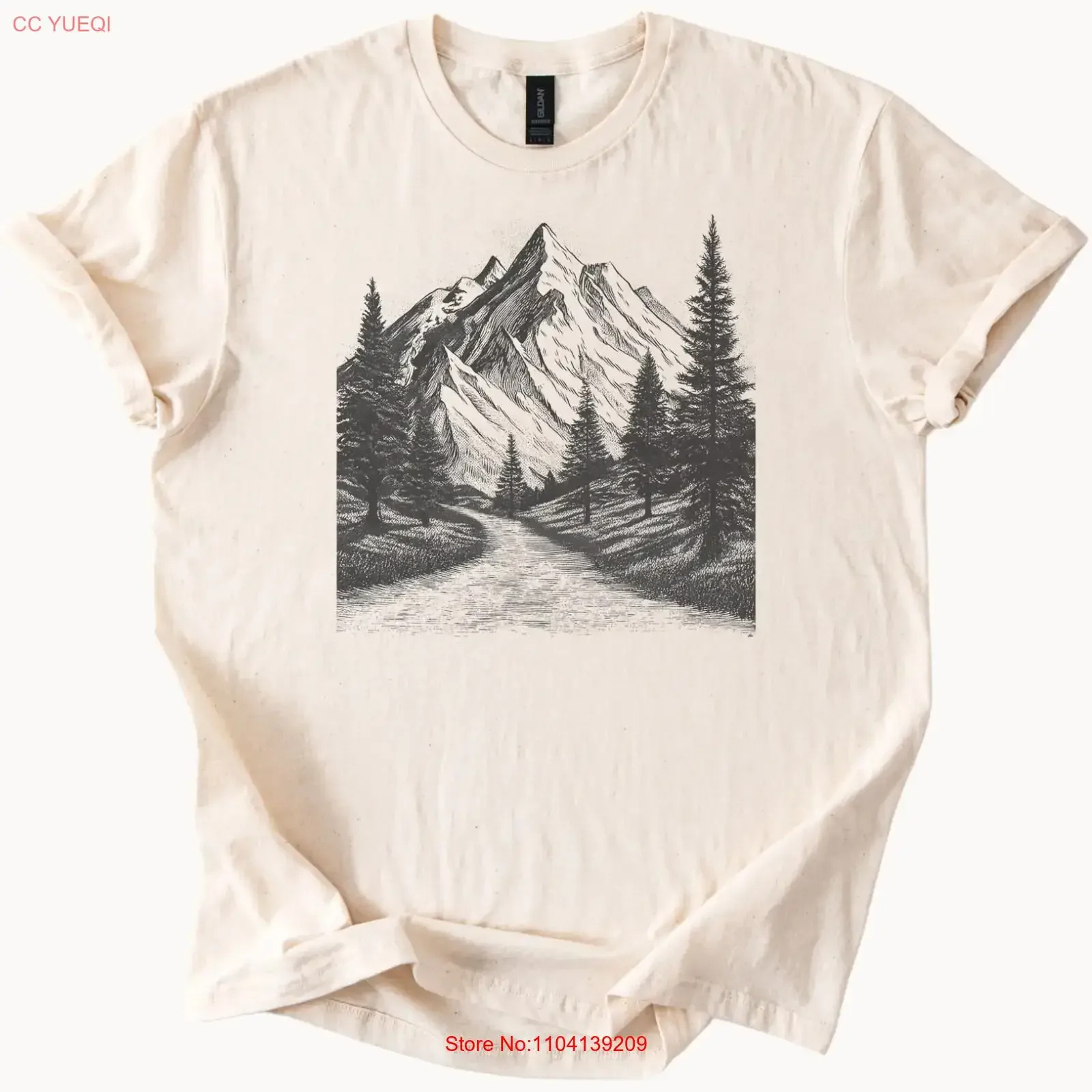 Camiseta Mountain River Trees con estampado vintage de naturaleza, estilo streetwear suave y versátil, ligeramente elástica, cómoda para hombre.