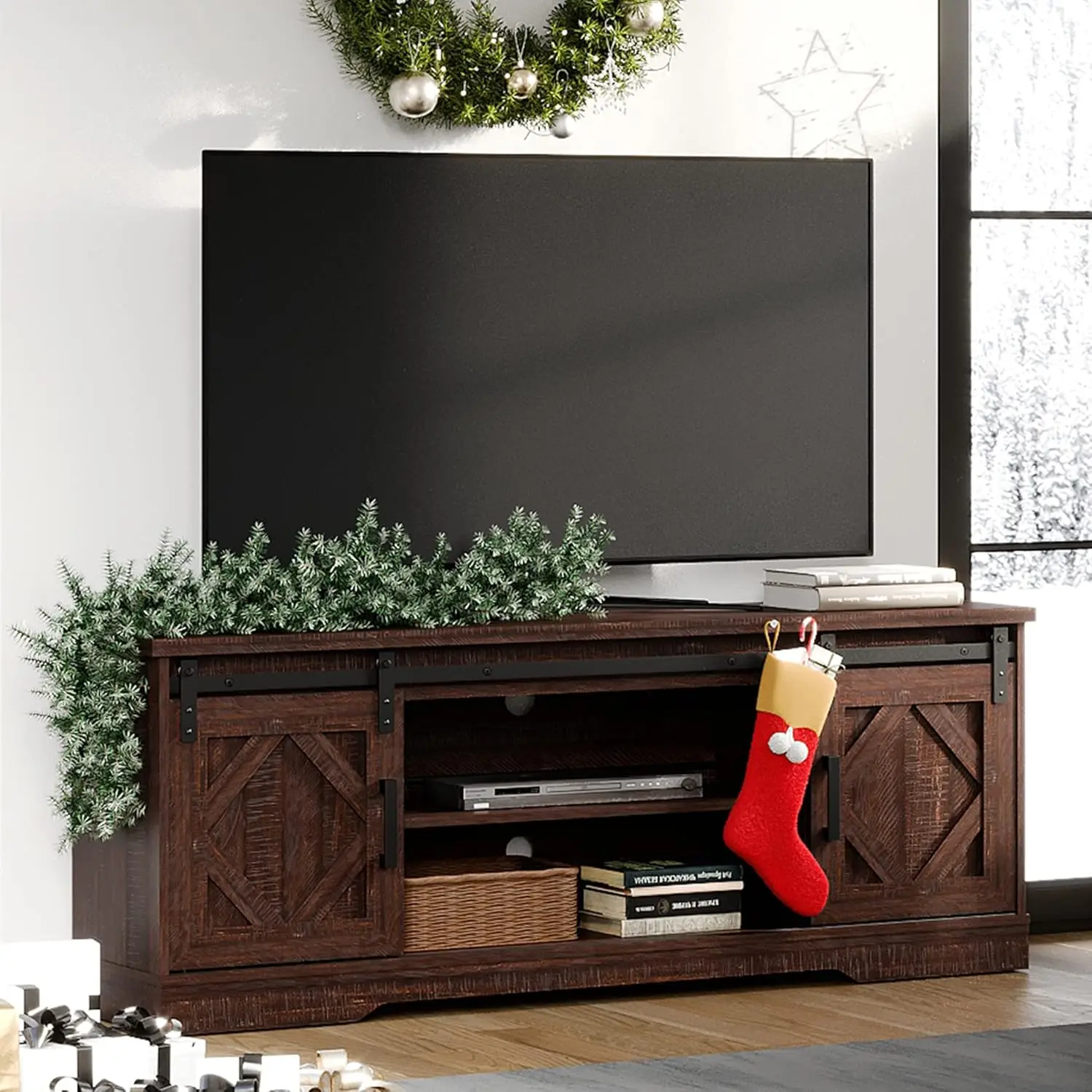 

WAMPAT Farmhouse TV Stand Modern Sliding Barn Door Entertainment Center for TVs Up to 65 inch, Wood TV Media Console Table.