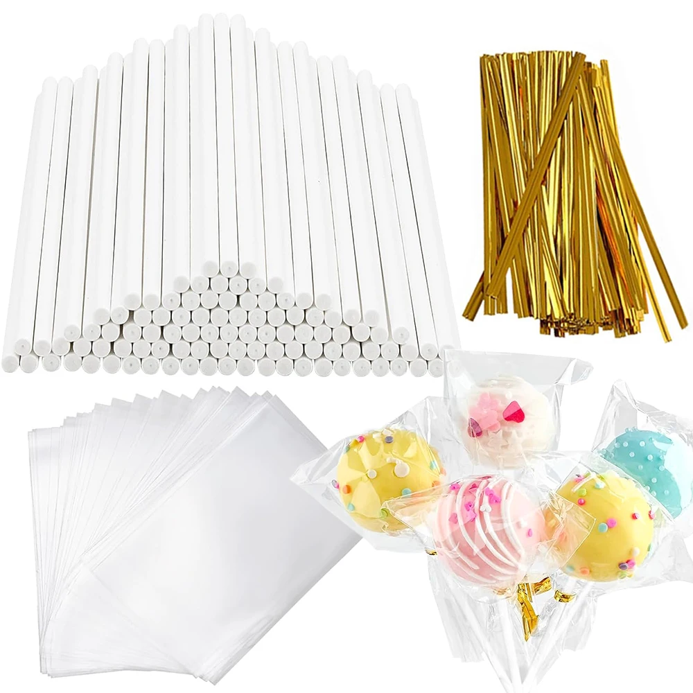 

100Pcs DIY Lollipop Sticks Clear Cellophane Bag Kit Cake Pops Paper Sticks for Making Lollipop Candy Chocolate Cupcake Toppers