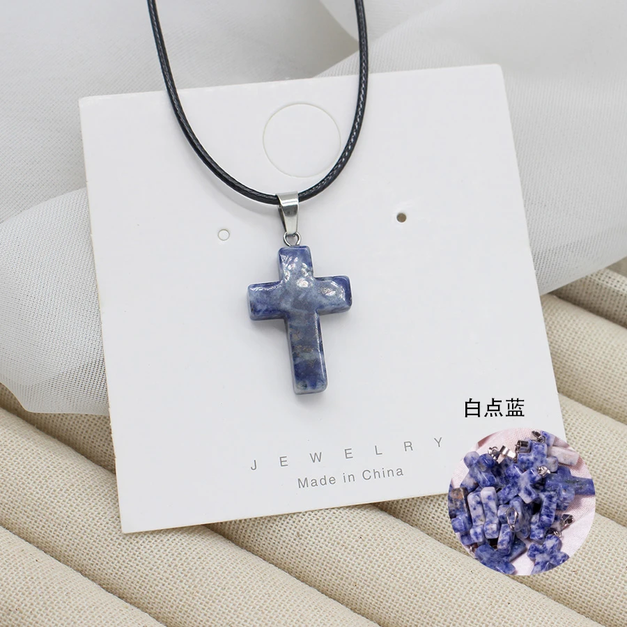 Natural Stone Crystal Cross Pendant Necklace Adjustable Leather Choker Cord Couple Gift for Women/Men  Leather Rope Boho Jewelry