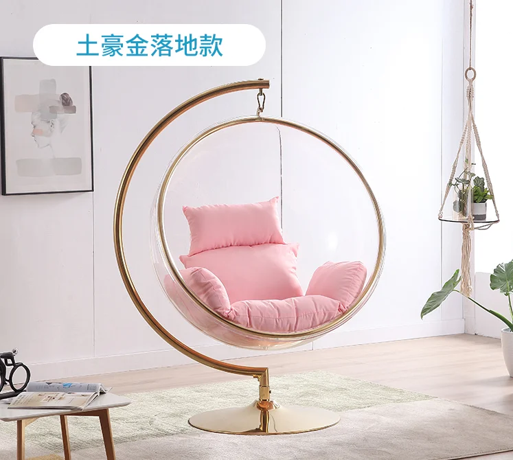 Transparent hanging chair swing floor support golden acrylic bubble chair with support living room garden