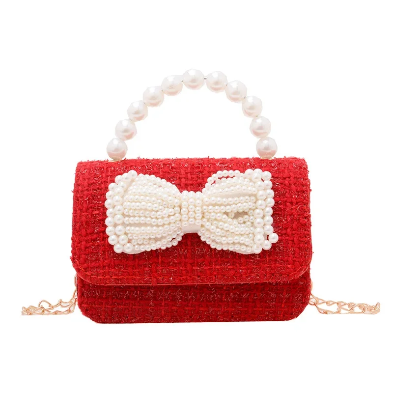 Sweet Bow Red Children\'s Shoulder Tote Bag Cute Pearl Handle Children Messenger Bags Fashion Square Kid Change Purse Handbags